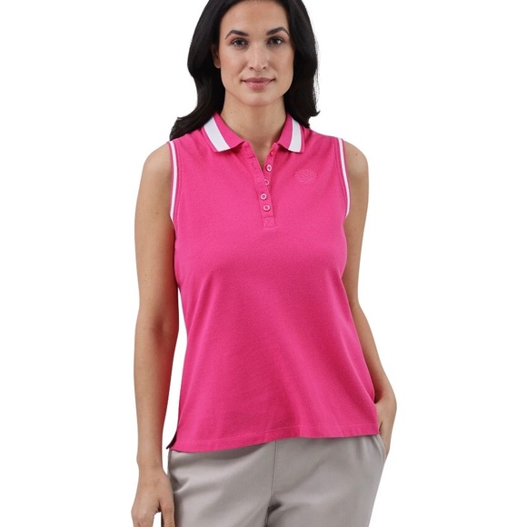 CHAPS Womens Sleeveless Polo Shirt Size Small Pink & White Side Slits New - Picture 2 of 7